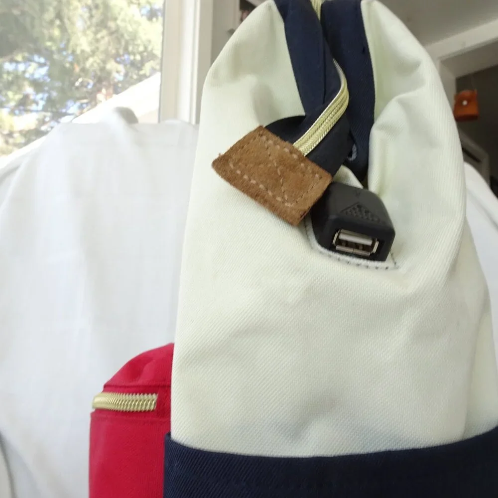 Himawari‎ Red, White & Blue Canvas Laptop Backpack USB Port Inner Pockets